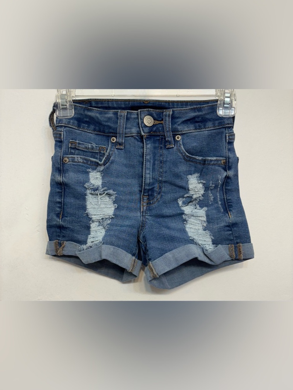 Aeropostale Blue High Rise Midi Distressed Denim Shorts Woman’s Size 000